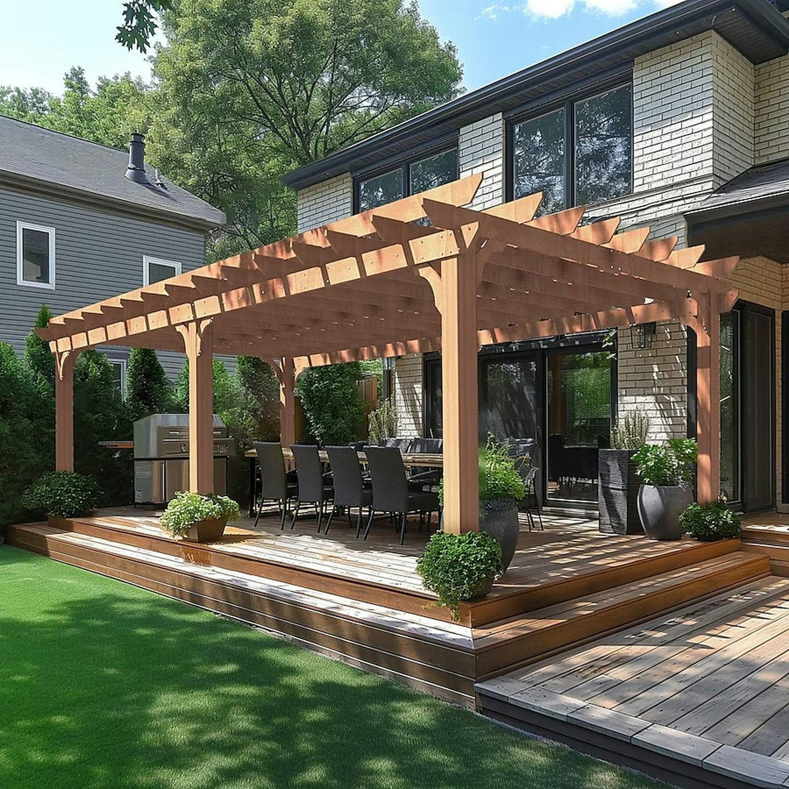 Timber pergola with outdoor dining, deck and lawn