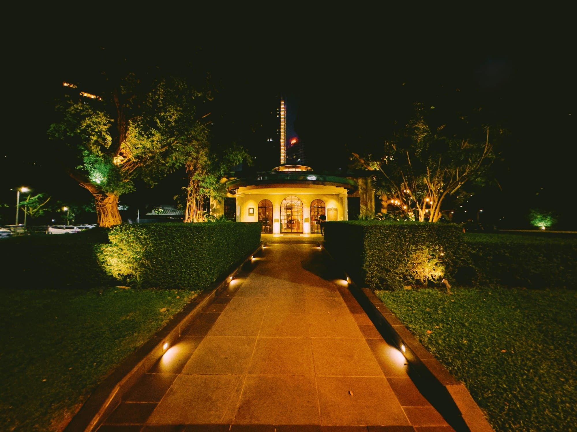 Illuminated garden pathway lined with uplit trees and clipped hedges at night